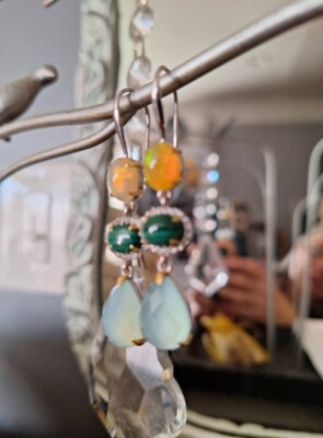 JOYA By Judy Gemstone Dangle Earrings Opal, Malachite, Zircon, Chalcedony 2''