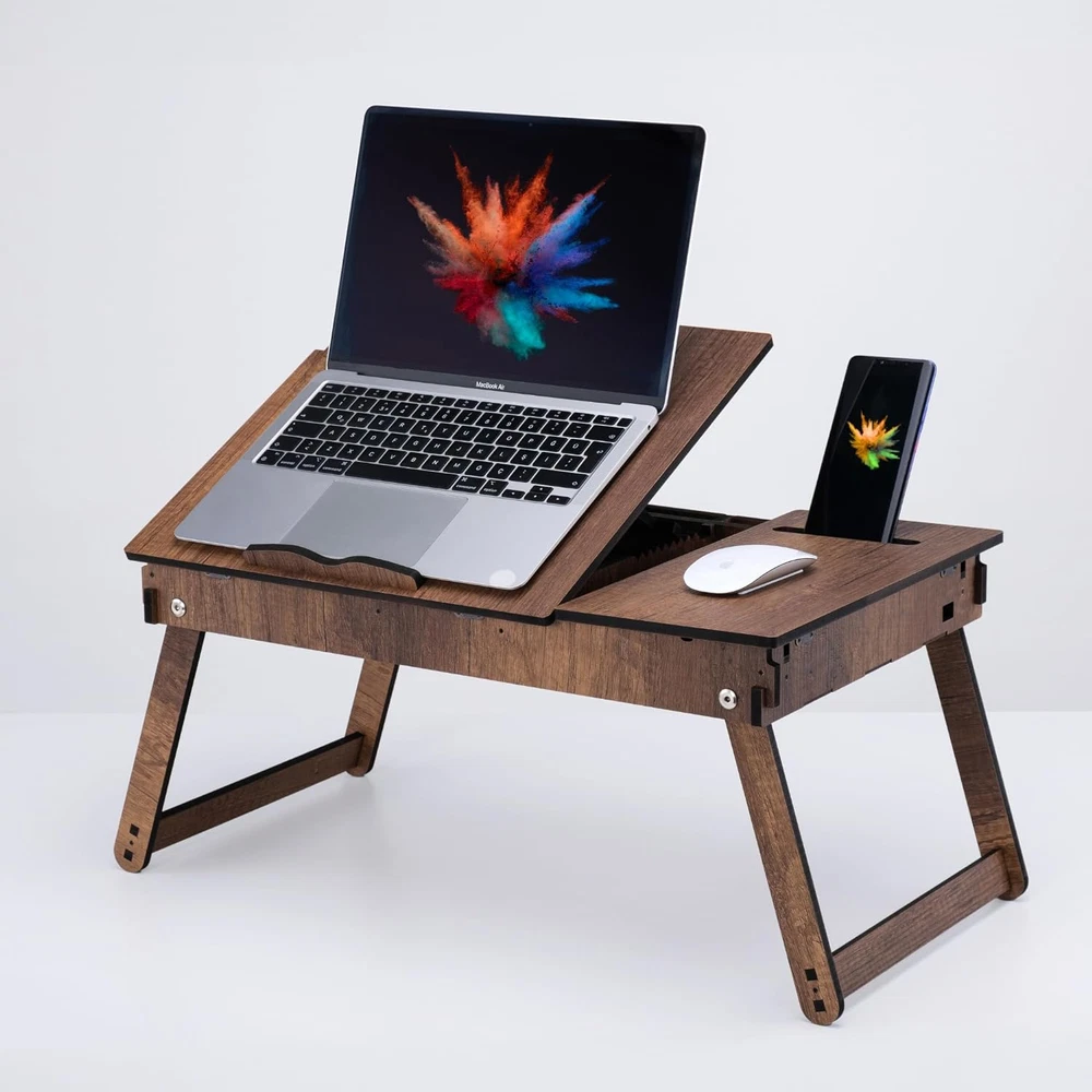 Adjustable Foldable Laptop Stand for Bed with Built-In Storage Tray  
