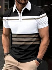 Polo T-Shirt Men Button Up Collar Color Block Striped Short Sleeve T Shirt