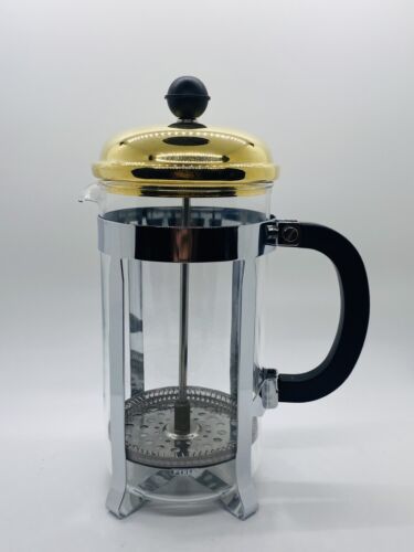 Vintage PYREX Glass 6 Cup French Coffee Press Silver and Gold Tone Metal - Picture 1 of 13