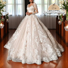 Princess Long Sleeves Wedding Dresses with Court Train Lace Appliques Bridal