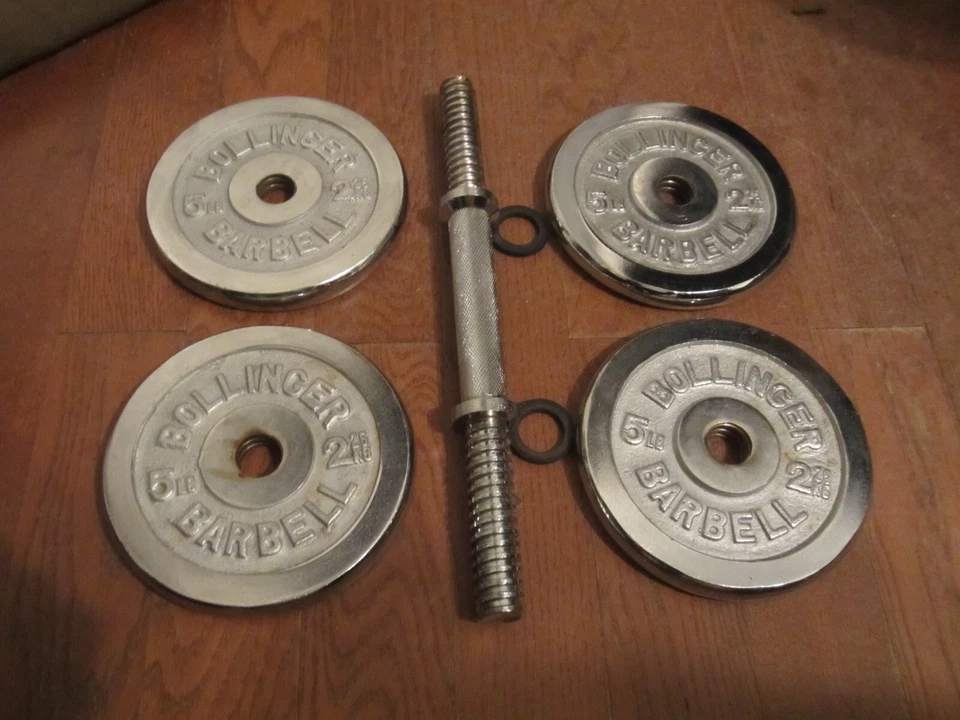 20lb BOLLINGER Barbell (4) 5LB Threaded Weight Plates CHROME with Dumbbell Bar - Image 3 of 4