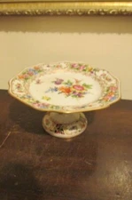 Carl Thieme Dresden Germany Pedestal Compote Dessert Plate Roses Flowers Gold