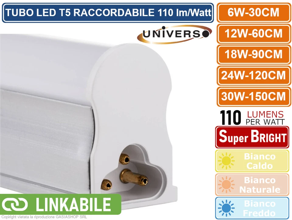 TUBO NEON LED SMD T5 PLAFONIERA RACCORDABILE DA 30CM 60CM 90CM 120CM 150CM IP20 - Immagine 3 di 4