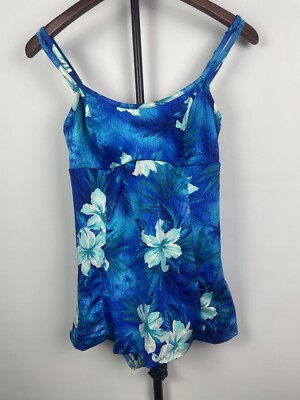 Vintage MAINSTREAM Blue Tropical Floral Retro One Piece Swimsuit Dress Size 10