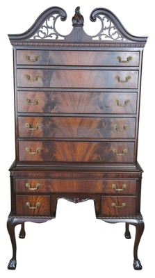 20th Century Antique Queen Anne Flamed Mahogany Highboy Chest Ball