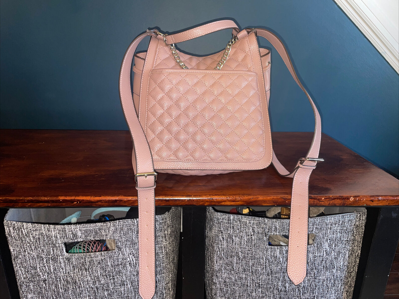 Steve Madden Cream Blush Quilted And Pebbled Drawstring Backpack