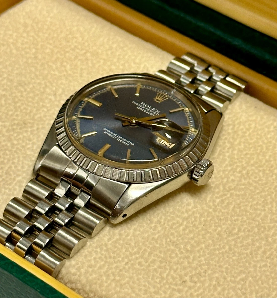 VINTAGE 1974 ROLEX DATEJUST STAINLESS STEEL W SAPHIRE DIAL 20K