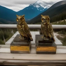 Cast Brass Owl Figurine Sculpture Bookends Mid-Century Modern 1950's As Is