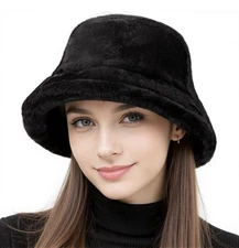 Winter Bucket Hat Fluffy Faux Fur Fisherman Cap for Women Men Solid Color Style