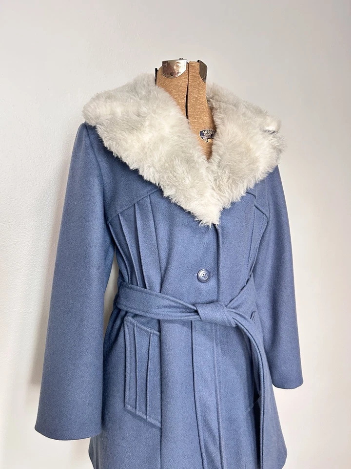 Chaqueta Abrigo Vintage Estilo Penny Lane Imitación Piel Azul Cinturón Talla Pequeña Hecha en Unión Foto 3 de 4