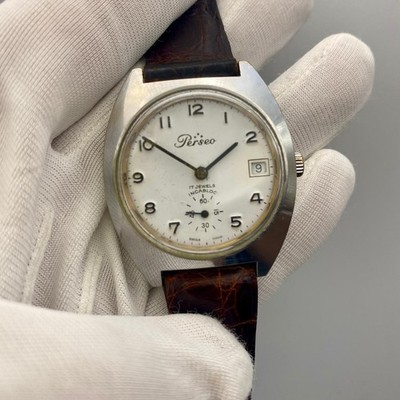 VINTAGE PERSEO SUB-SECOND MENS MANUAL WIND PATINA WHITE DIAL SWISS FULL WORKING
