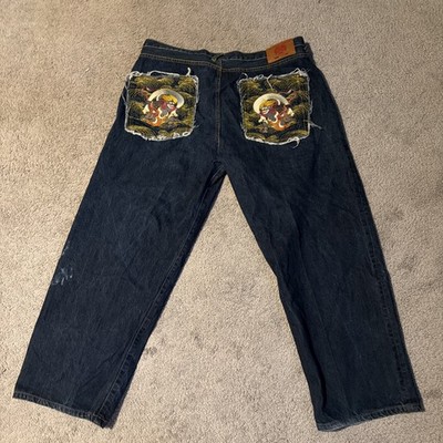 VTG RMC Red Monkey Jeans Size 44x30 Baggy Y2K Geisha Samurai Embroidered Denim