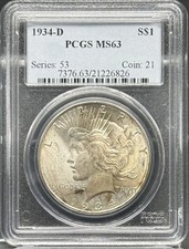 1934 D Peace Silver Dollar PCGS MS-63