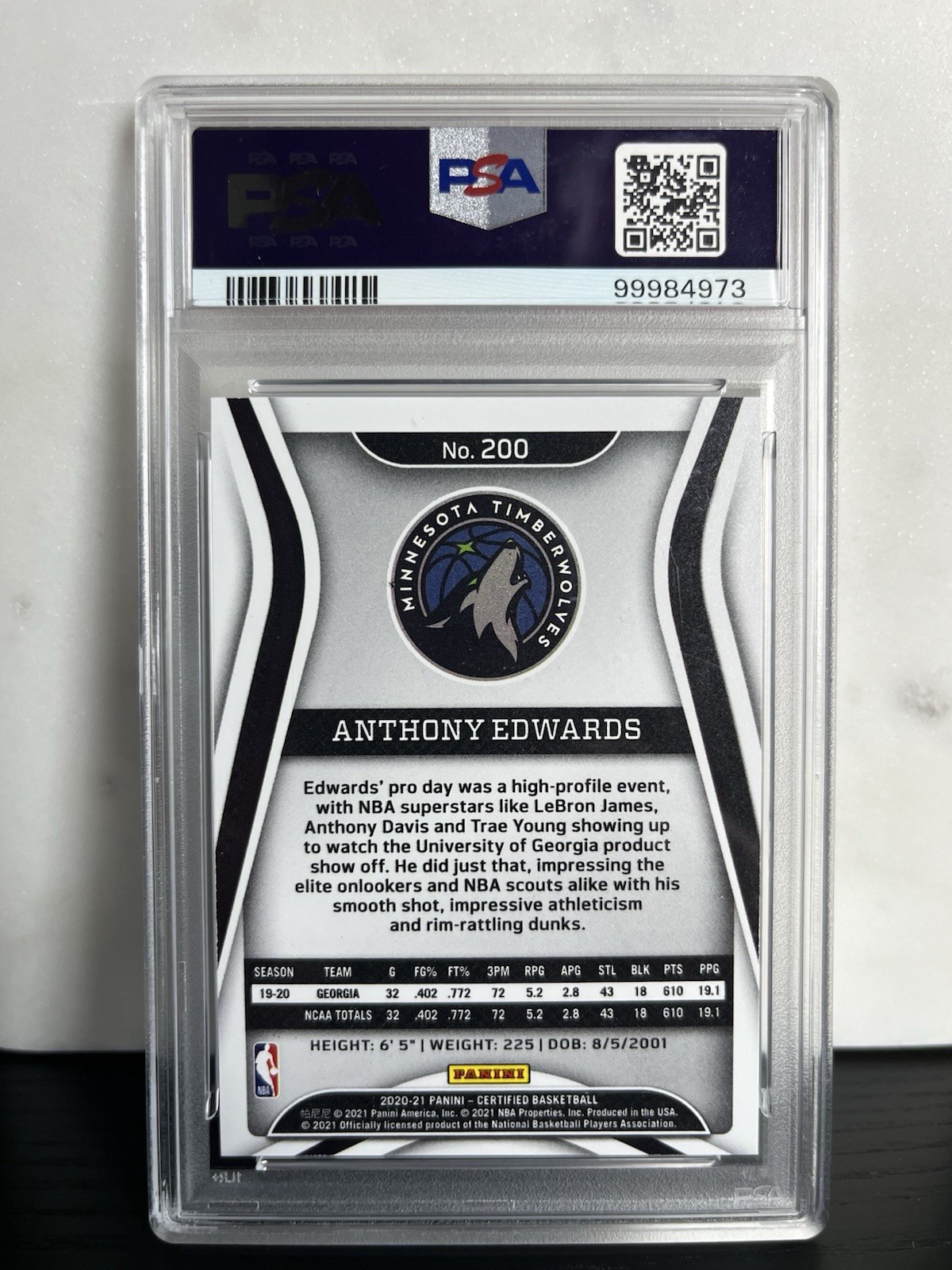 2020-21 Panini Certified Anthony Edwards Mirror Blue Rookie PSA 9 MINT #200 (RC) view 2