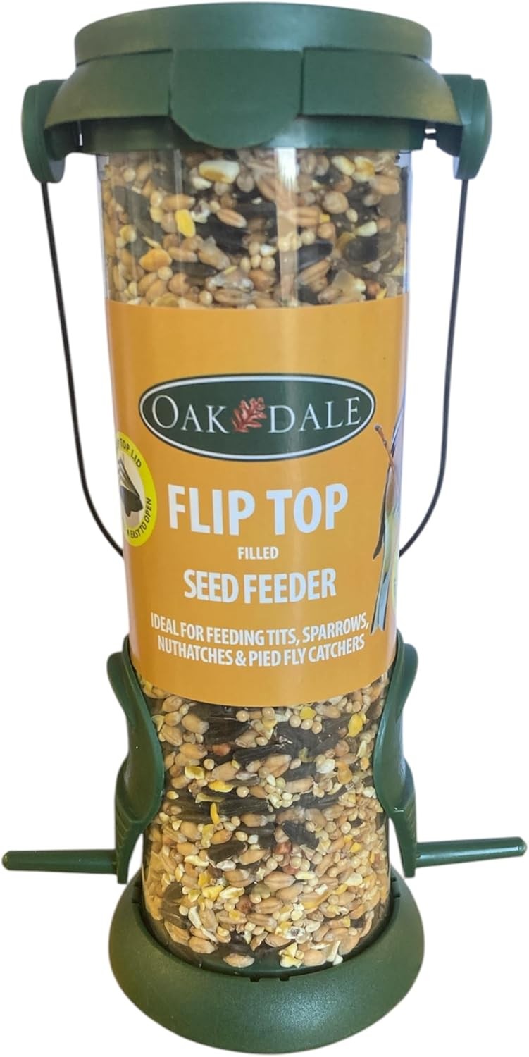 Oakdale Flip Top Premium Filled Seed Wild Bird Feeder Easy Fill With Dual Perch