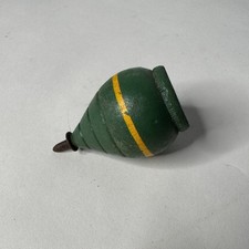 Vintage Spinning Top Wooden Green With Yellow Stripe Metal Tip Toy