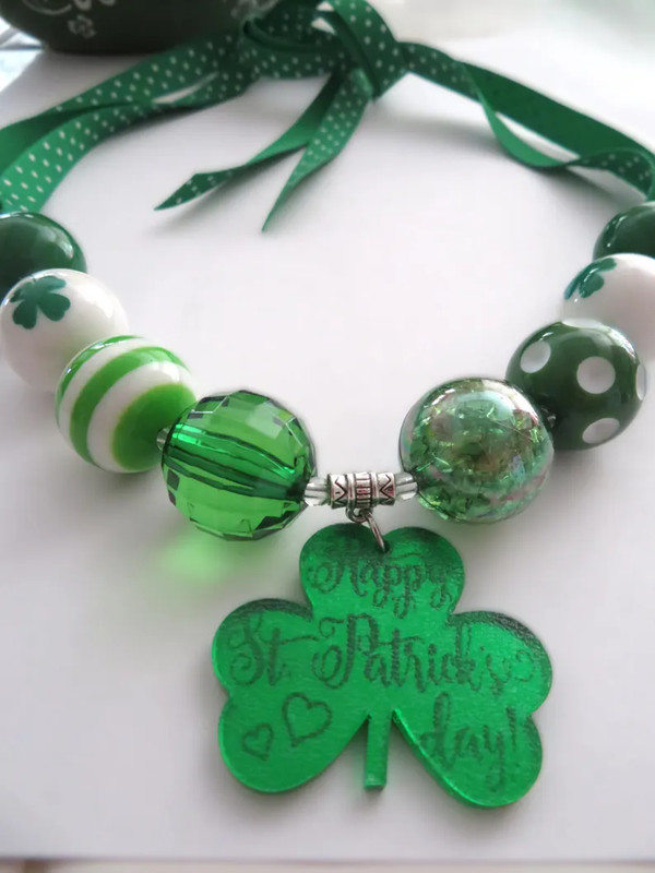 Chunky St. Patrick’s Day, handmade ribbon, necklace gumball, beads, adult size