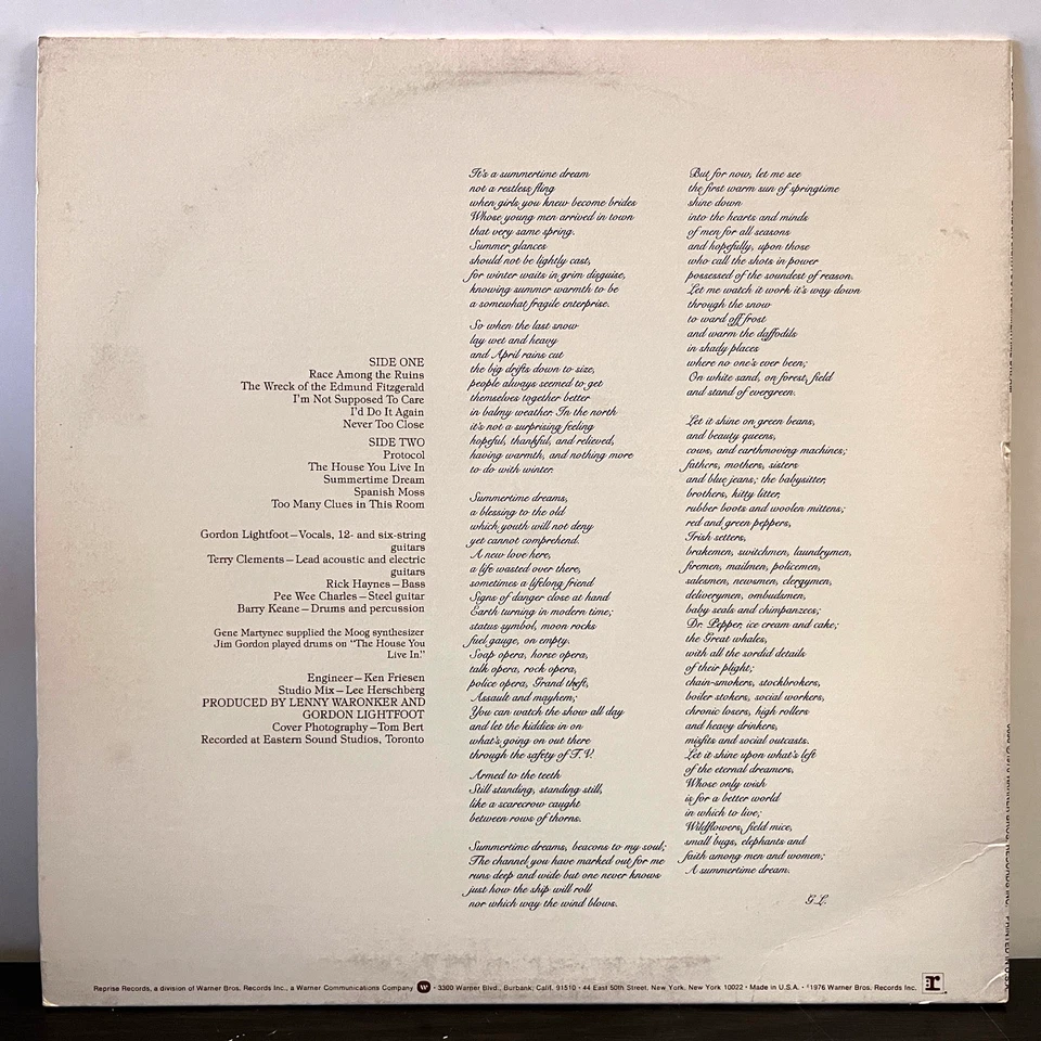 GORDON LIGHTFOOT - Summertime Dream (1976) - 12" Vinyl Record LP - EX - Image 2 of 3