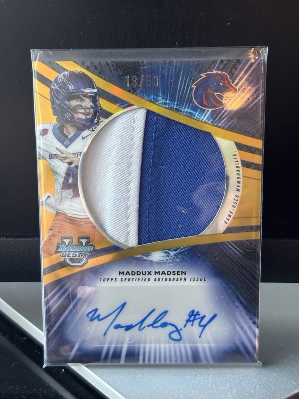 2025 Bowman U's Best Maddux Madsen Game-Used Patch Auto Gold /50 Boise St