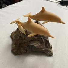 John Perry Dolphin Sculpture Figurine on Burl Wood Base Dolphin Family Vintage
