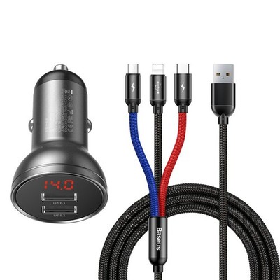 Baseus Kfz-Ladegerät 2x USB 4,8A 24W LCD + 3in1 Kabel 1,2m Schwarz