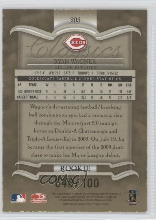 2003 Donruss Classics Rookie Timeless Tributes /100 Ryan Wagner #205 Rookie RC - Image 2 of 2