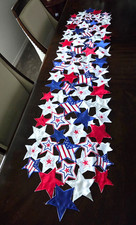 4th July Patriotic Table Runner Red White  Blue STARS Embroidered Cutwork 16x70