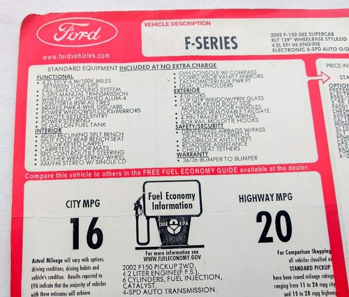 2002 Ford F150 XLT 4-Speed A/T Genuine Original Monroney Window Sticker $27,060