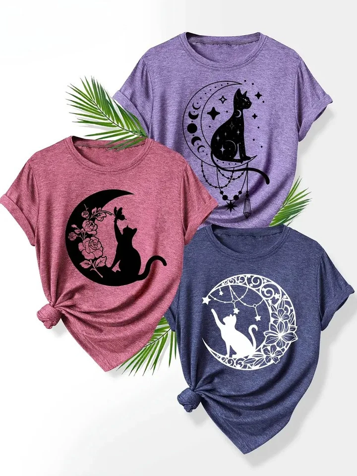 Women’s Witchy Cat & Moon Graphic Tee Boho Casual Short Sleeve Top + Jewellery - Image 2 of 4