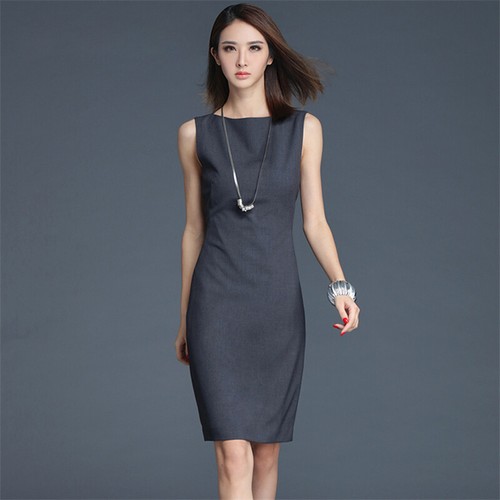 Ladies Pencil Dress Formal Sleeveless Crew Neck Slim Fit Dress Business Black - Picture 6 of 15