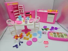 VTG 90s Barbie Kitchen Set Sink Dishwasher Stove Island Stool Chairs Fridge Pink