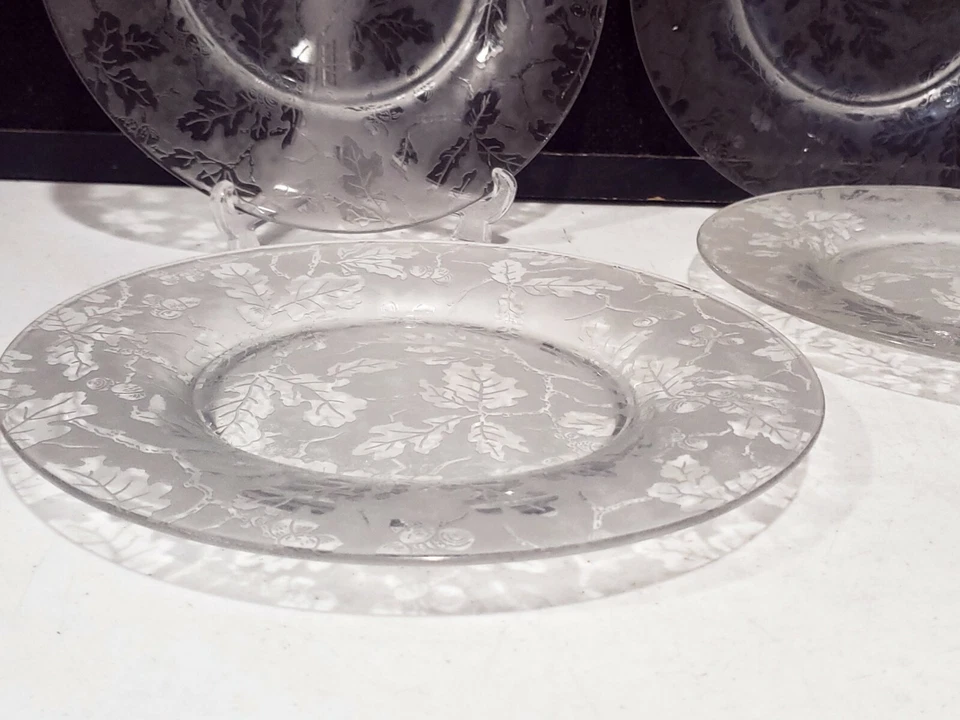 Set of 4- RARE Fostoria Glass Oakleaf Brocade Salad or Luncheon Plates 1920s - Image 3 of 4