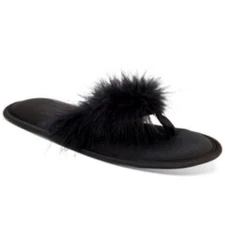Inc Women's Marabou Thong Slippers, slippers shoes with fur, black XL(11/12)