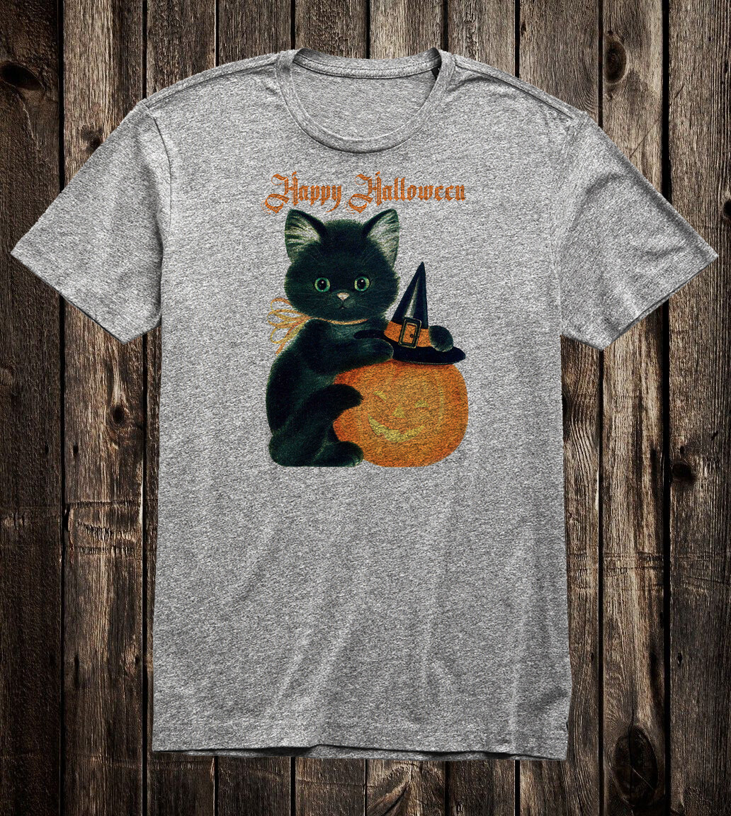 Retro Halloween Tee T Shirt Vtg Art White Cotton Cute Black Cat