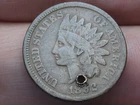 1882 Indian Head Cent Penny- Chocolate Brown, Fine/VF Details, Holed