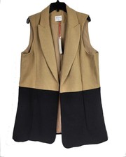 Nwt Elle Tan Khaki/black Wool Blend Sleeveless Open Jacket Coat Women's Size Xl