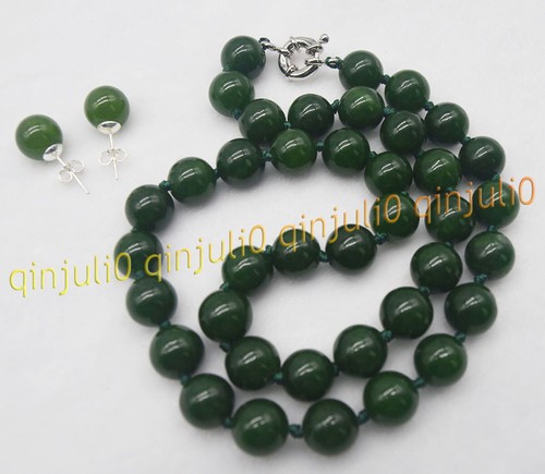 "Set Collane Orecchini Perline Rotonde Verde Scuro 10 mm Pietra Preziosa Giada Naturale 18"" - Foto 3 di 4