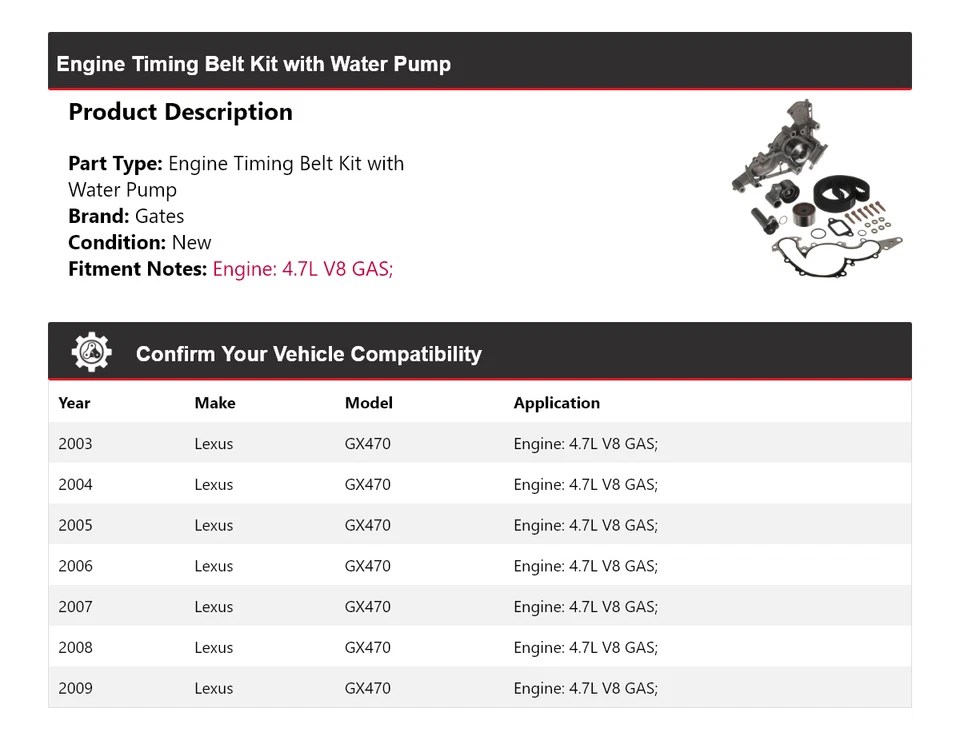 Kit de correa de distribución de motor con puertas de bomba de agua 2004 2005 para Lexus GX470 2003-2009 Foto 2 de 4