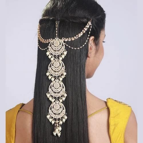 Gold Plated Handcrafted Kundan Bridal Wedding Hair Braid Choti Jewelry Set Newe - Picture 8 of 24