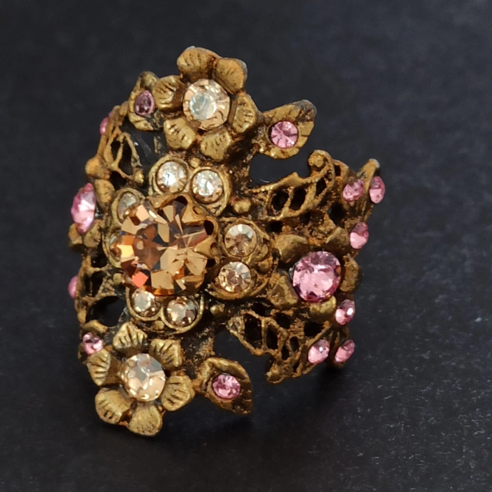 Michal Negrin Ring Chunky Royal Flowers Pink With Swarovski Crystals Statement - Image 4 of 4