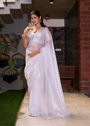 Elegant Beige Stone Hand Work Organza Saree For Women, Festive Wear Outfit, Sari - Picture 5 of 16
