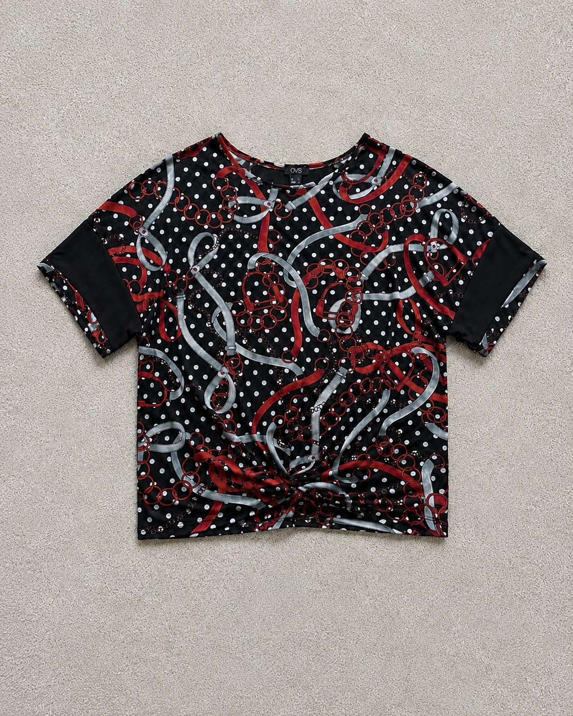 OVS Blusa Donna Manica Corta Fantasia Catene e Pois Nero Rosso Taglia L