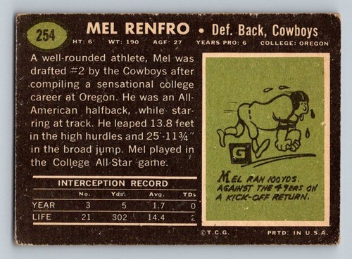 Topps Football Mel Renfroe 254 1969 (HOF) - en muy buen estado/excelente - Imagen 2 de 2