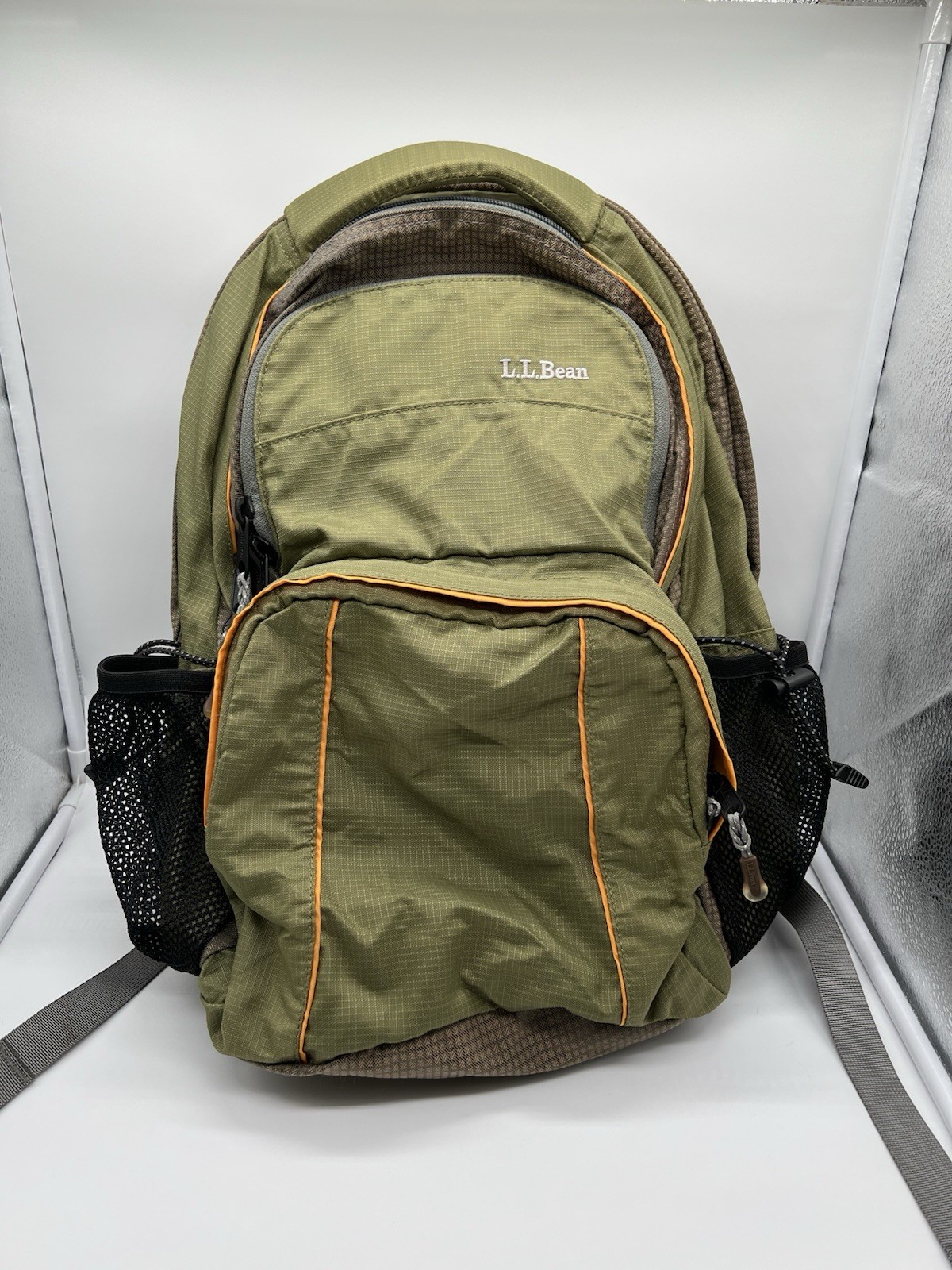 L.L.Bean Backpack Green & Orange Travel Hiking School Bag Bookbag Nylon