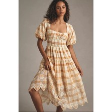 NWT By Anthropologie Puff-Sleeve Eyelet Midi Dress $188 X-SMALL Yellow