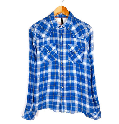 NUDIE JEANS Herren Hemd Größe M Regular Fit Blau Kariert Baumwolle Druckknopf...