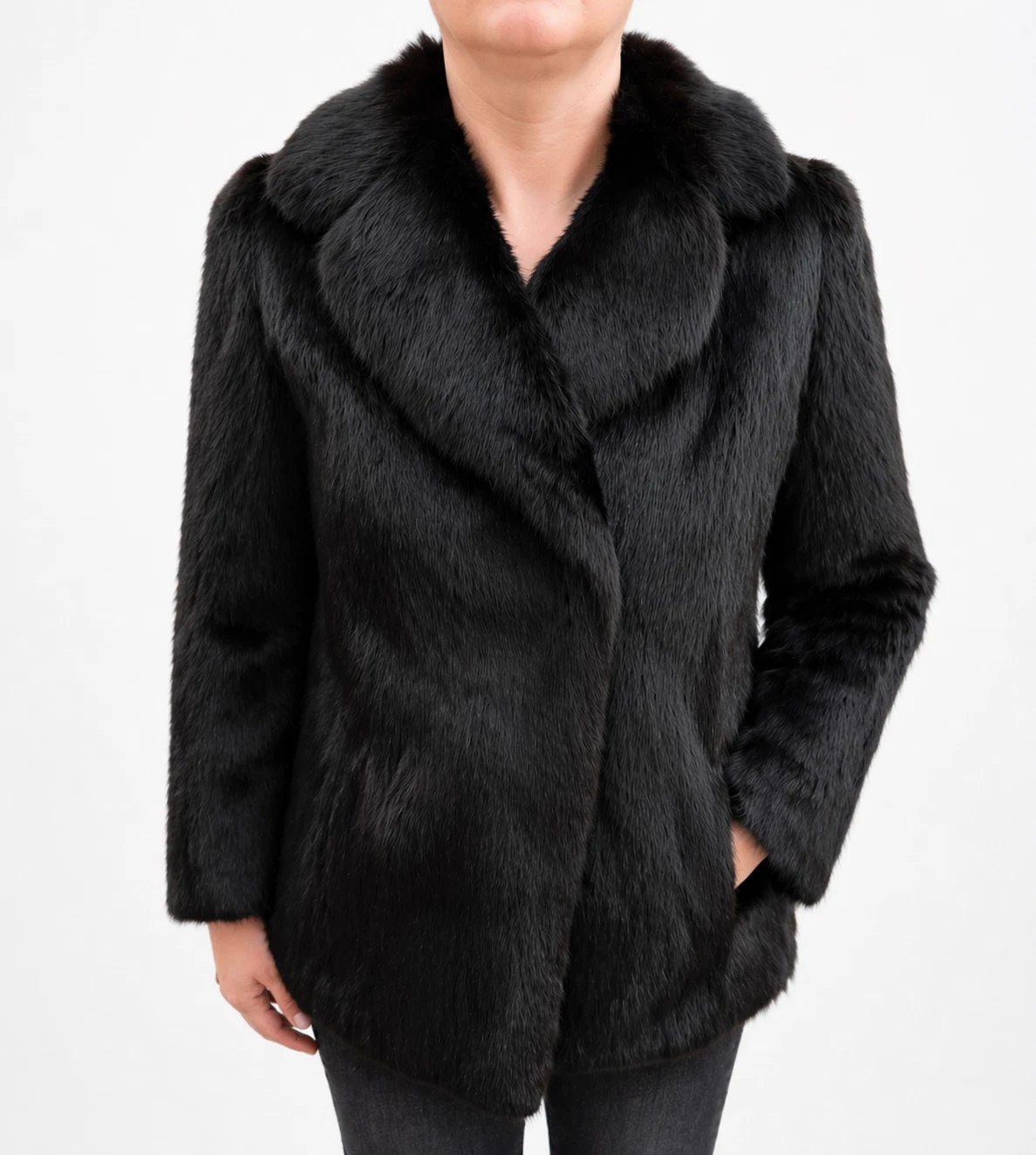 Vintage Black Rabbit Fur Coat Jacket Collar Soft Rabbit Glamorous Womens