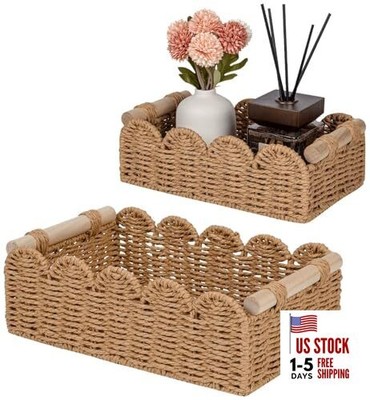  Paper Rope Scalloped Edge Decor Baskets for Home, Living Room, Small Neutral