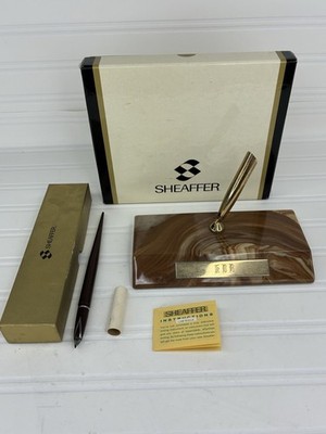 Vtg Sheaffer s Onyx Desk Set Pen Holder In Box Mid-Century USA *Monogram (KDB)